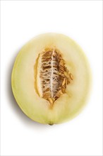 Sliced ripe yellow melon isolated on white background. Top view, flat lay, close up. harvest, women