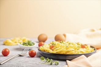 Reginelle semolina pasta with tomato, eggs and microgreen sprouts on a gray and orange background