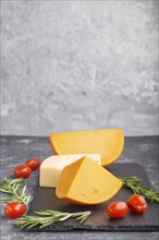 Various types of cheese with rosemary and tomatoes on black slate board on a black concrete