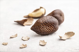 Salak or snake fruit on gray concrete background. Side view, close up, selective focus. Tropical,