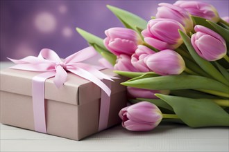 Gift Box with Pink Ribbon Beside bouquet of Fresh Tulips on Bokeh Background. Good for Valentine