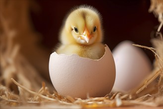 A close-up image capturing the moment a fluffy yellow chick emerges from its egg, showcasing the