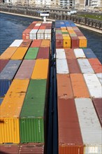 Container freighter, Milliennium II, as a coupling unit, on the Rhine, riverside promenade, from