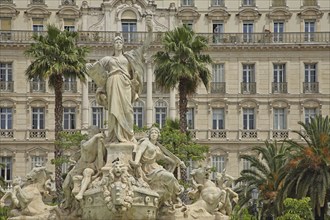 Fontaine de la Fédération built in 1890 with sculptures and decorations and palm trees, Grand