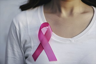 Pink breast cancer awareness ribbon attached to woman's white shirt. Generative AI, AI generated