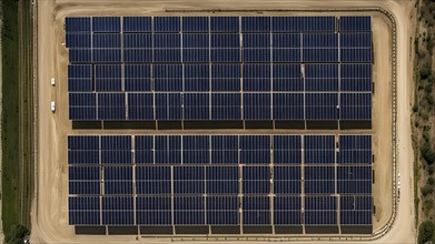 Top down aerial view of a photovoltaic plant arranged in symmetric rows, AI generated