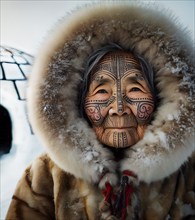 Portrait of a tattooed old woman of the Eskimo, the indigenous Inuit, AI generated, AI generated