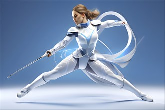 Abstract digital render a fencer morphing into fluid shapes, AI generated, Paris, Paris, Olympic