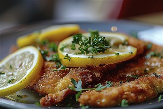 German Schnitzel, a breaded fried slice of meat with lemon slices. Generative Ai, AI generated