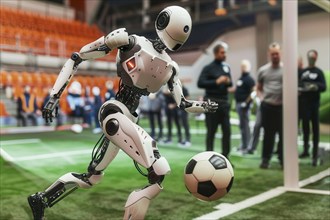 Humanoid robot playing football in a stadium, AI generated