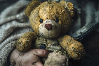 Close up of damaged and dirty teddy bear toy held by child. Generative Ai, AI generated