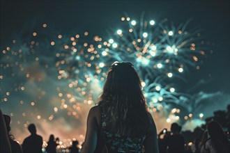 Back view of young people celebrating with fireworks in sky. Generative Ai, AI generated