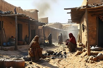 Village with traditional mud houses nestled in the thar desert, AI generated