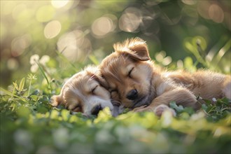 Cute young dog puppies sleeping in grass. KI generiert, generiert, AI generated