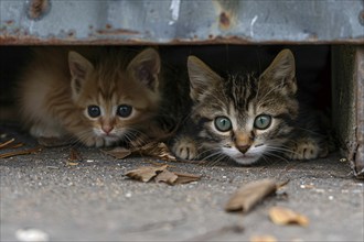 Stray kittens hiding under object. KI generiert, generiert, AI generated