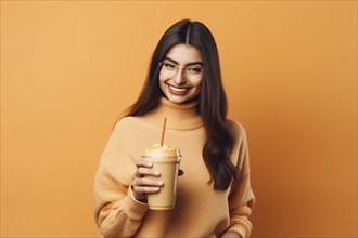 Young woman holding cup of pumpkin spice latte in hand. KI generiert, generiert, AI generated