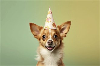 Small dog with birthday party hat. KI generiert, generiert AI generated