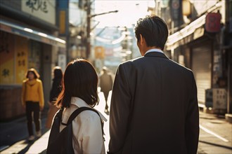 Back view of Asian business man with young woman in street. KI generiert, generiert AI generated