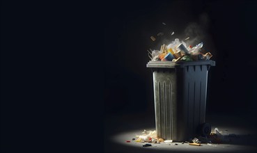 Dustbin full of waste and garbage isolated in black background, AI generated