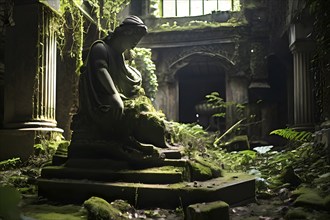 Statue in a deserted plaza moss and vines claiming it as their own, AI generated