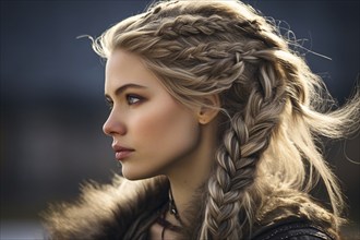 Side vie wof beautiful young woman with plaited viking style hair. KI generiert, generiert, AI