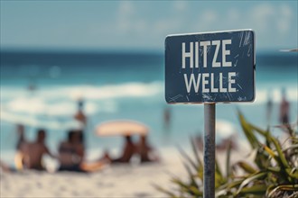 Warning sign with German text 'Hitzewelle' (Heat wave) in front of blurry sunny beach with people.