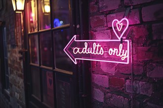 Pink neon light sign with 'Adults only' text hanging on wall. KI generiert, generiert, AI generated