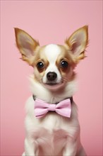 Cute dog with bow tie collar on pink background. KI generiert, generiert AI generated