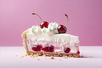 Slice of cherry cream cake on pink background. KI generiert, generiert AI generated