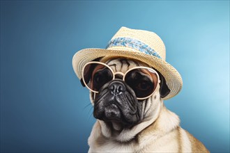 Pug dog with sunglasses and straw hat on blue background. KI generiert, generiert AI generated