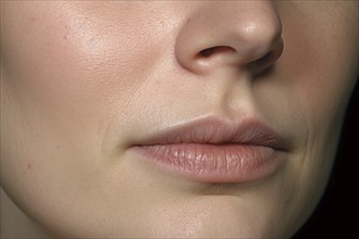 Close up of mouth of young woman with slight nasolabial folds wrinkles. KI generiert, generiert AI