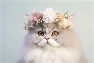 Persian cat with flower crown on head in front of pastel blue studio background. KI generiert,