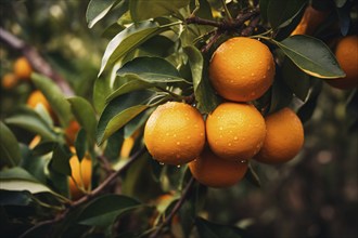 Fresh oranges with rain drops growing on tree. KI generiert, generiert AI generated