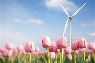 Pink tulip flowers with wind mill turbine in background. Renewable energy in spring. KI generiert,