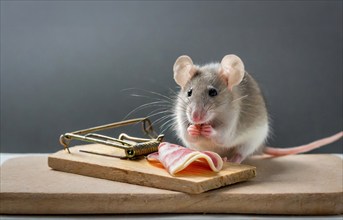 Pest, a mouse sits next to a mousetrap and eats, AI generated, AI generated