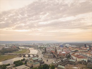 Aerial view in front of sunrise, Old Town with sights, Church of Our Lady, Brühl's Terrace,