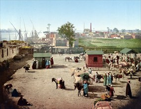 Access to the Nile Bridge, Cairo, Egypt, 1890, Historic, digitally restored reproduction from a