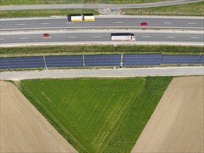 Aerial photo, solar modules, solar park, photovoltaics, power generation from solar energy on a