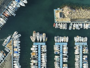 Wharves at the marina of San José. Aerial view. Drone shot. Nature Reserve Cabo de Gata-Nijar,