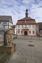 Old town hall built in 1578 and fountain, old town hall, Renaissance, spire, hipped roof, mansard