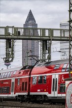 Regional train on the track in front of Frankfurt am Main main station, Skyline, Hesse, Germany,