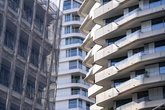 Facades of various high-rise office and residential buildings in Hafencity Hamburg, new district on