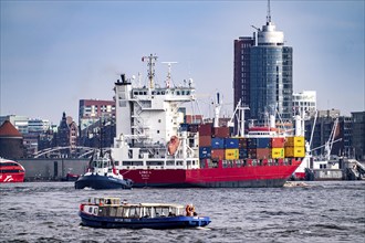 Container freighter, feeder ship on the Elbe, Elbe Philharmonic Hall, Hamburg, Germany, Europe