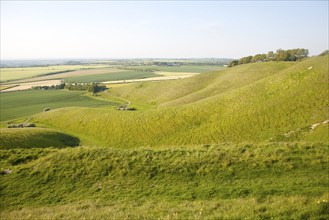 Summer view of arable fields and chalk landscape from Cherhill Down escarpment, Wiltshire, England,