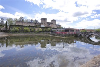 Castle Palace with pond and arched bridge Castillo Palacio de los Condes de Oropesa, Reflection,