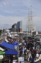 Europe, Germany, Hanseatic City of Hamburg, Jan Fedder Promenade, St. Pauli Landungsbrücken, Elbe