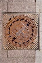 Manhole cover with coat of arms of the town of Dülmen, Münsterland, Coesfeld district, North