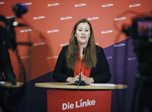 Janine Wissler, Chairwoman of the Left Party, recorded at a press conference in Berlin, 19 August