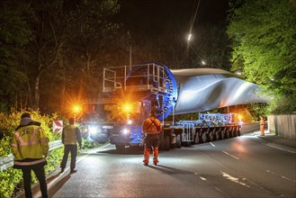 Transport of a 68 metre long, 22 tonne blade of a wind turbine, here in Schwelm, with a