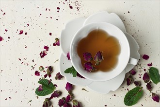 Cup of tea, damask rose, pink tea, close-up